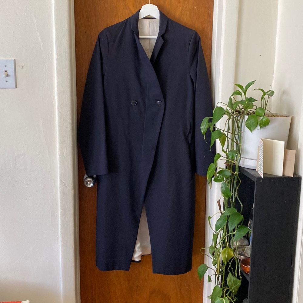 Whyred scandanavian brand small navy jacket buttoned up with zipper